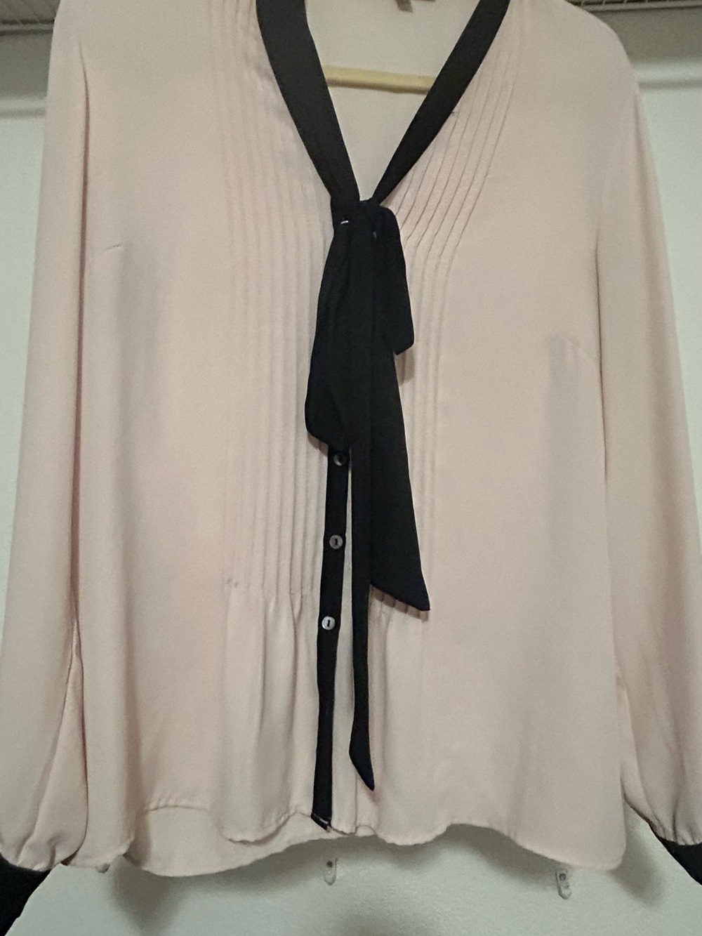 Adrianna Papell Blush Pink Tie-Neck Blouse with Black Trim